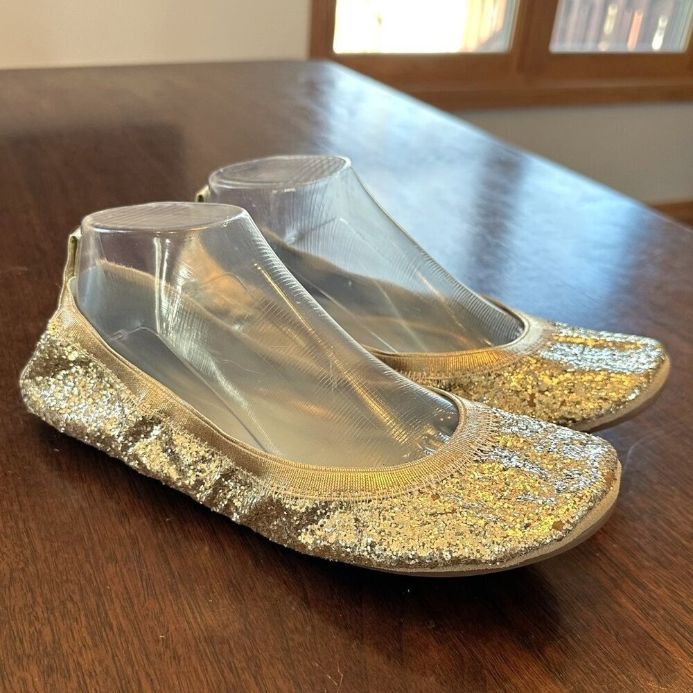 NEW Yosi Samra Serena Gold Glitter Ballet Flats Foldable Slip On Size 9